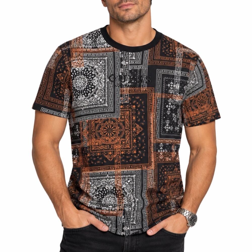 GUESS Mens M Bandana Paisley Patchwork T Shirt Black Rust Graphic Streetwear